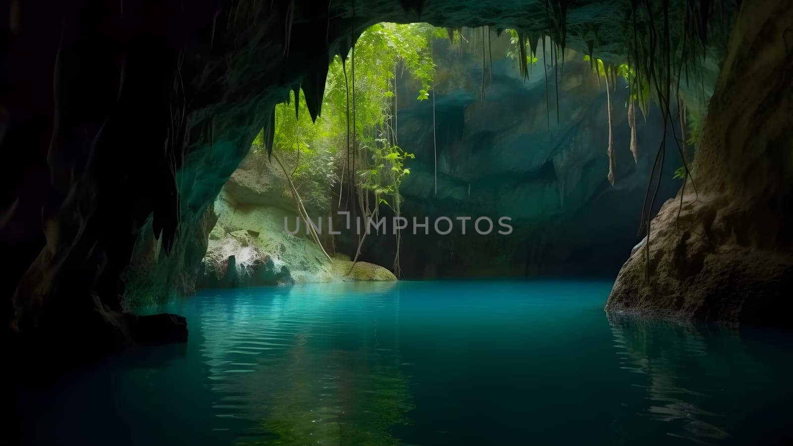 view from deep within a cave of a turquoise blue lake. Neural network generated in May 2023. Not based on any actual scene or pattern.