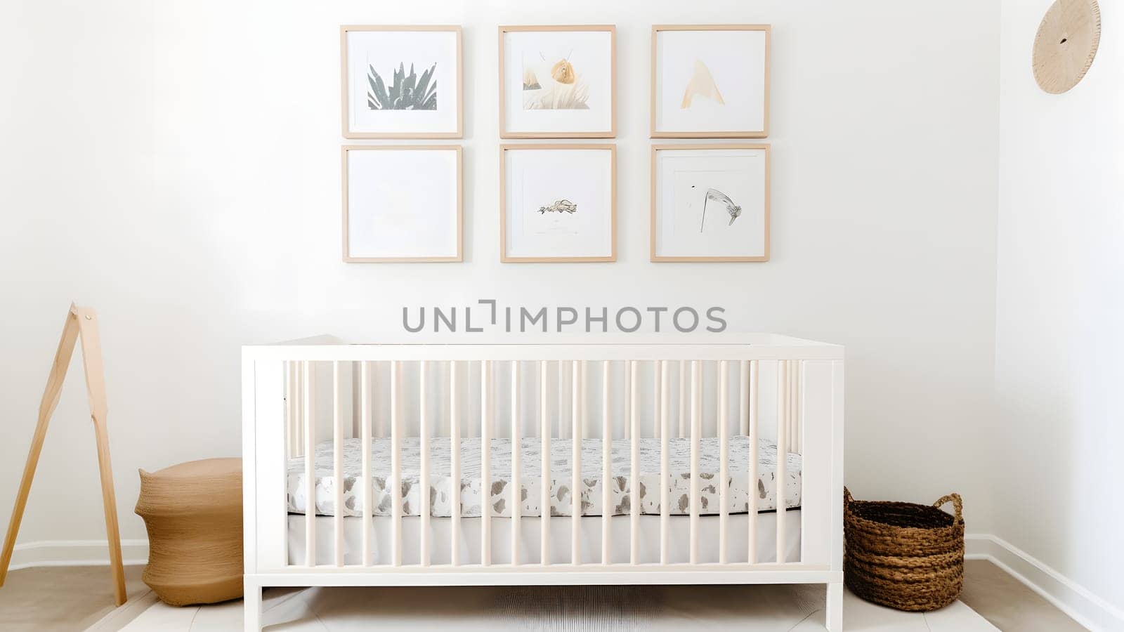 Bright white minimalist nursery wall with frames above cradle. Neural network generated in May 2023. Not based on any actual person, scene or pattern.