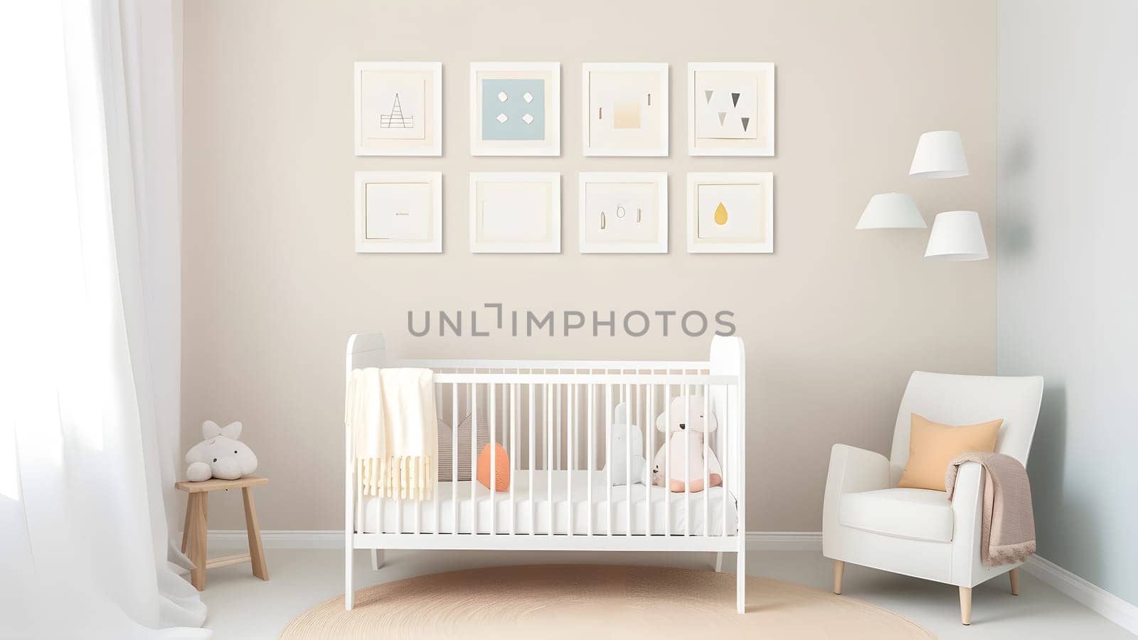 Bright white minimalist nursery wall with frames above cradle. Neural network generated in May 2023. Not based on any actual person, scene or pattern.