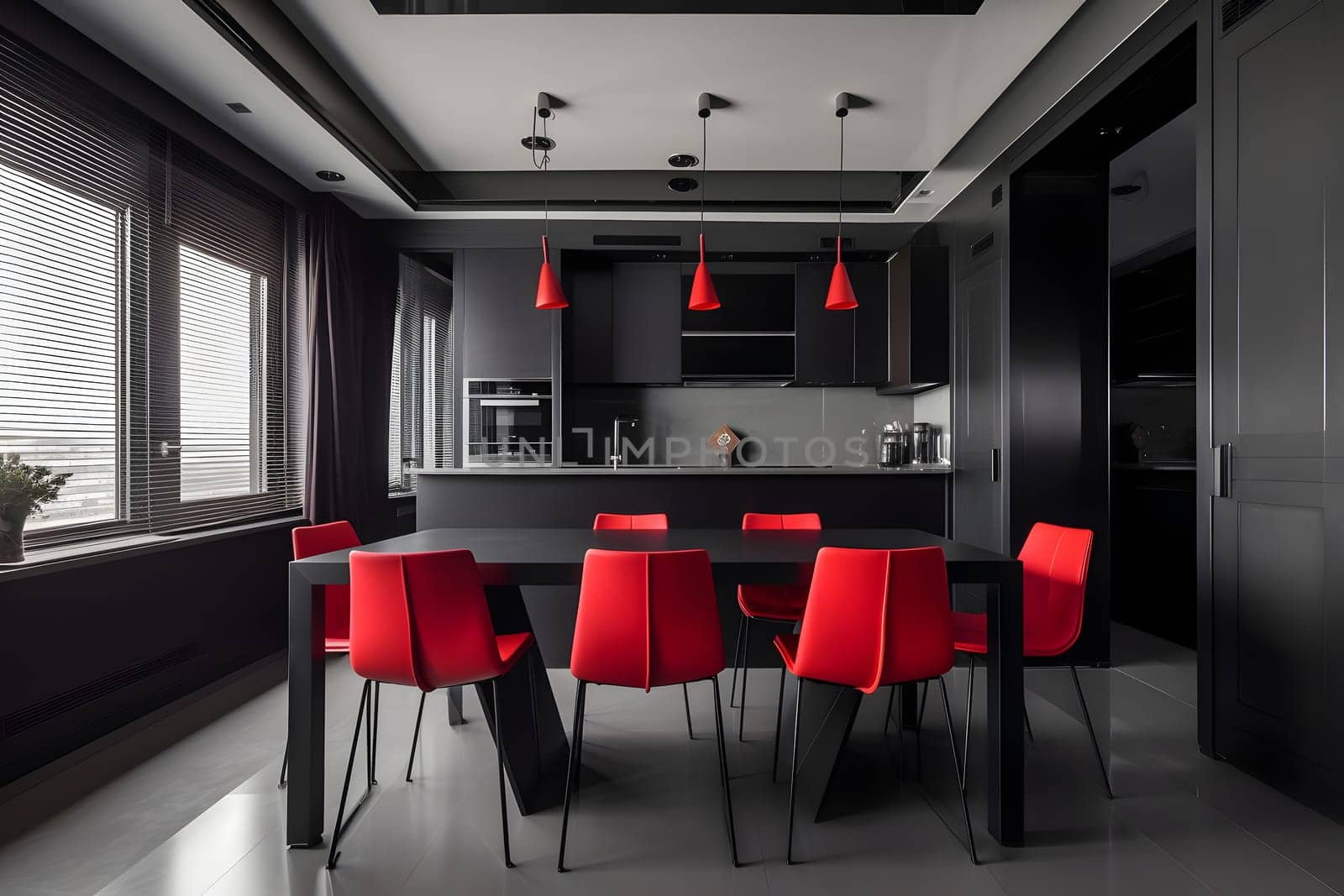 Black and red kitchen interior. Meeting area dining room. Neural network generated in May 2023. Not based on any actual scene or pattern.