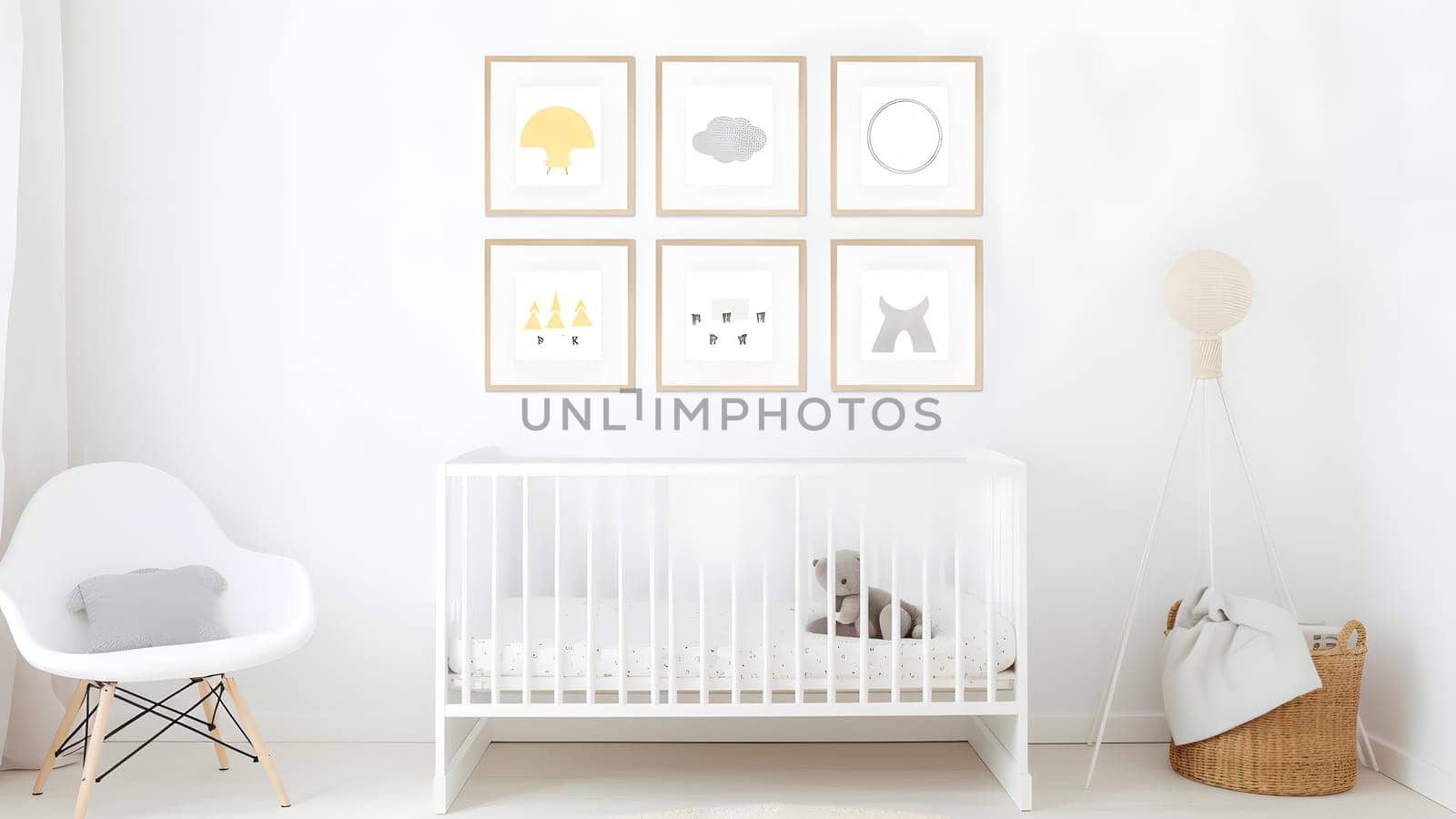 Bright white minimalist nursery wall with frames above cradle. Neural network generated in May 2023. Not based on any actual person, scene or pattern.
