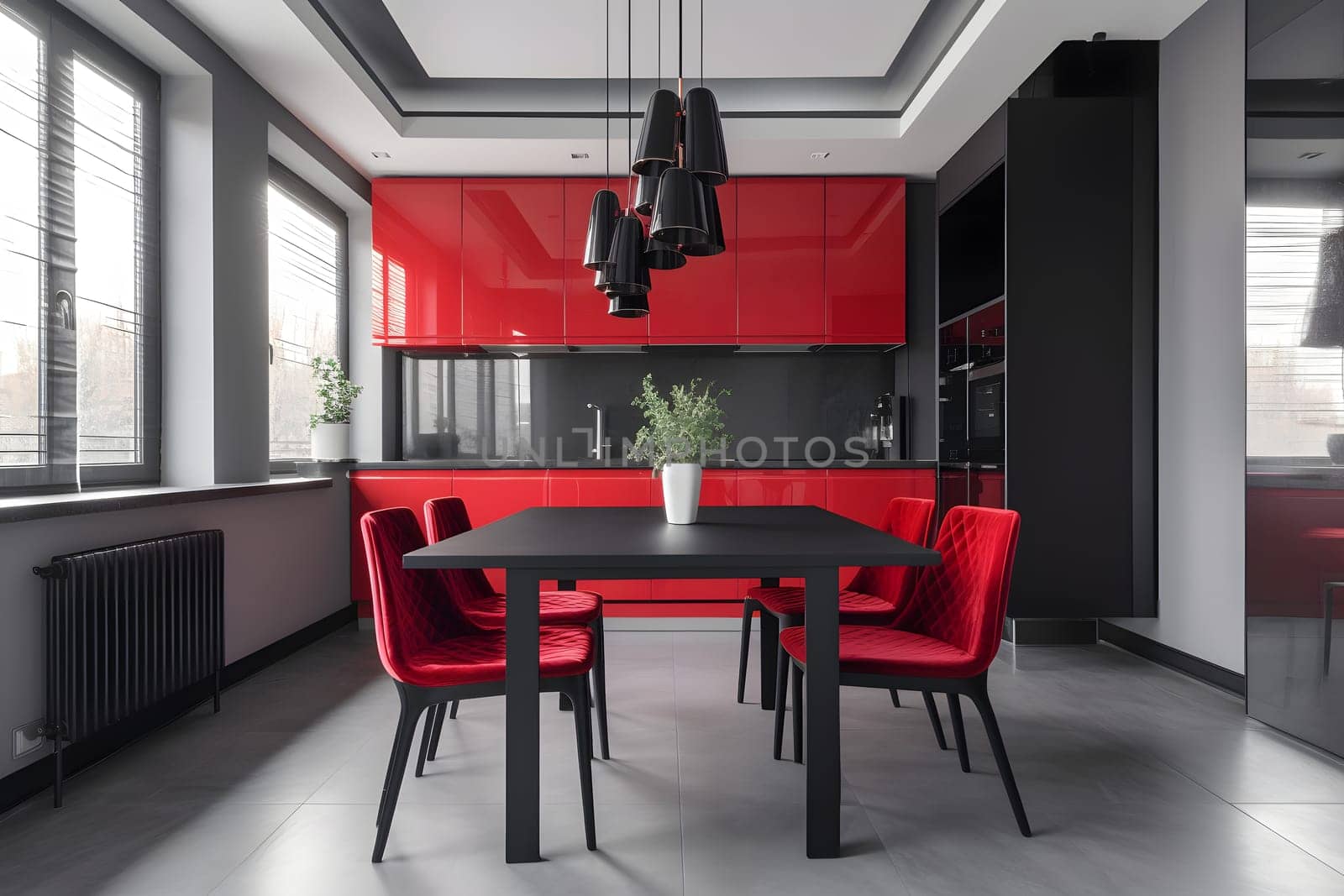 Black and red kitchen interior. Meeting area dining room. Neural network generated in May 2023. Not based on any actual scene or pattern.