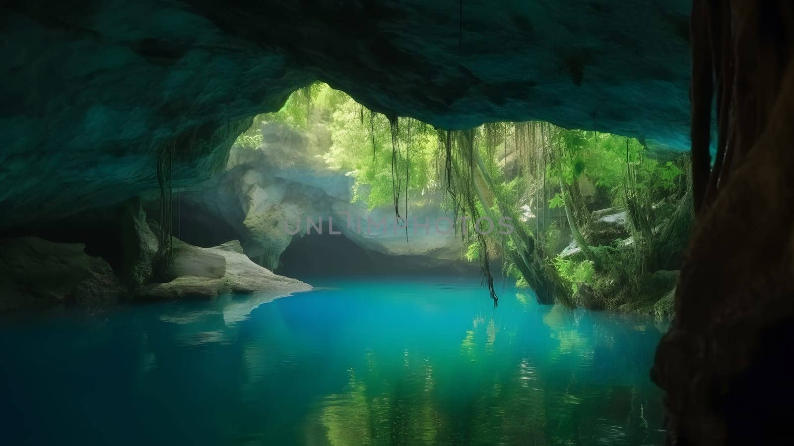 view from deep within a cave of a turquoise blue lake. Neural network generated in May 2023. Not based on any actual scene or pattern.