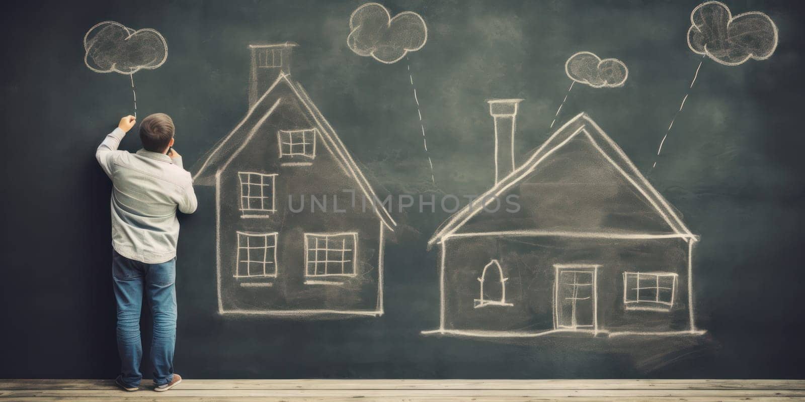 Person sketches dream homes on chalkboard, concept of planning and aspiration.content related to real estate, insurance, architecture, dreams of the future or setting personal goals.