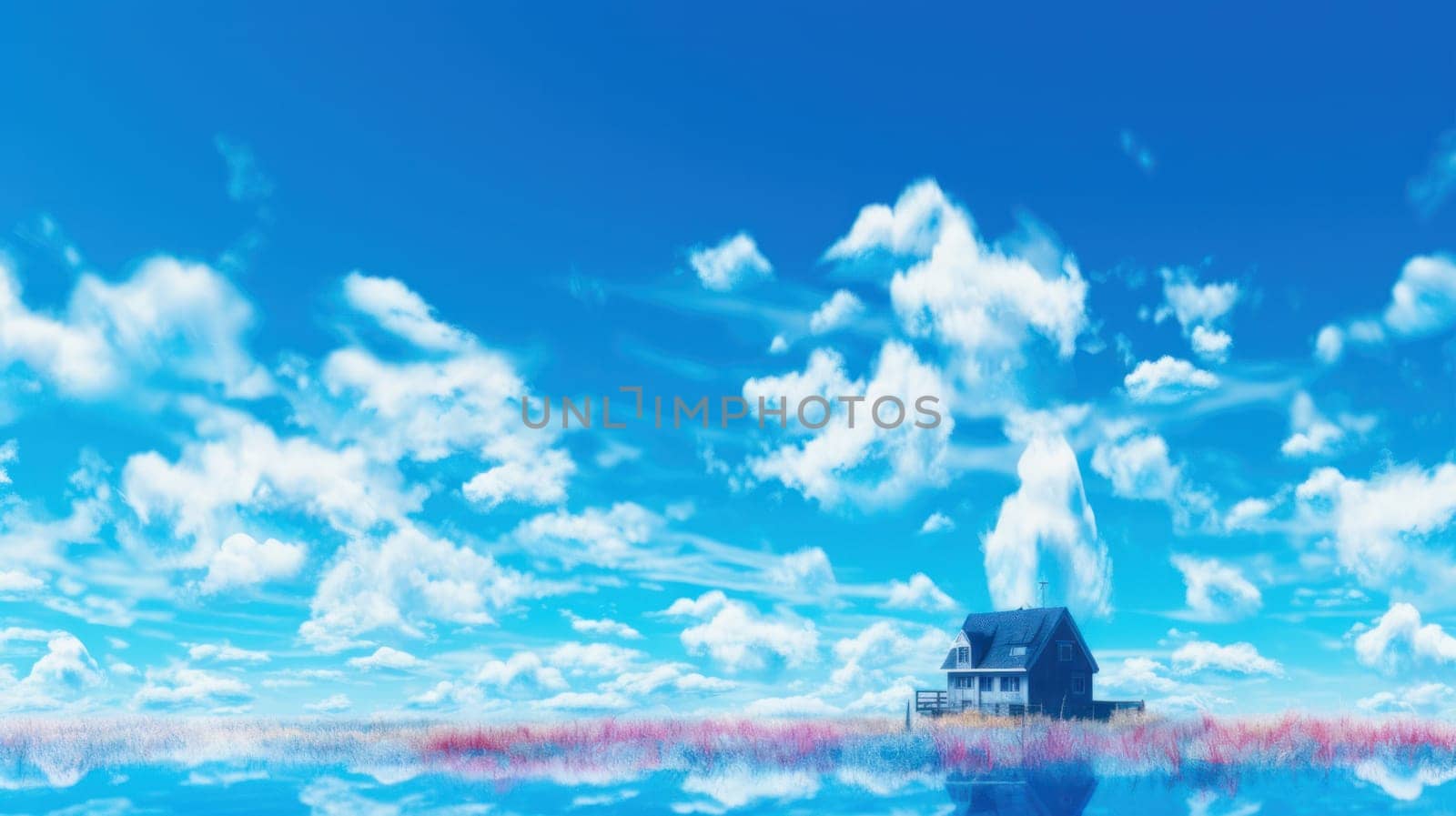 A fantastical house floating on a serene ocean under a vibrant blue sky with fluffy clouds.Abstract background