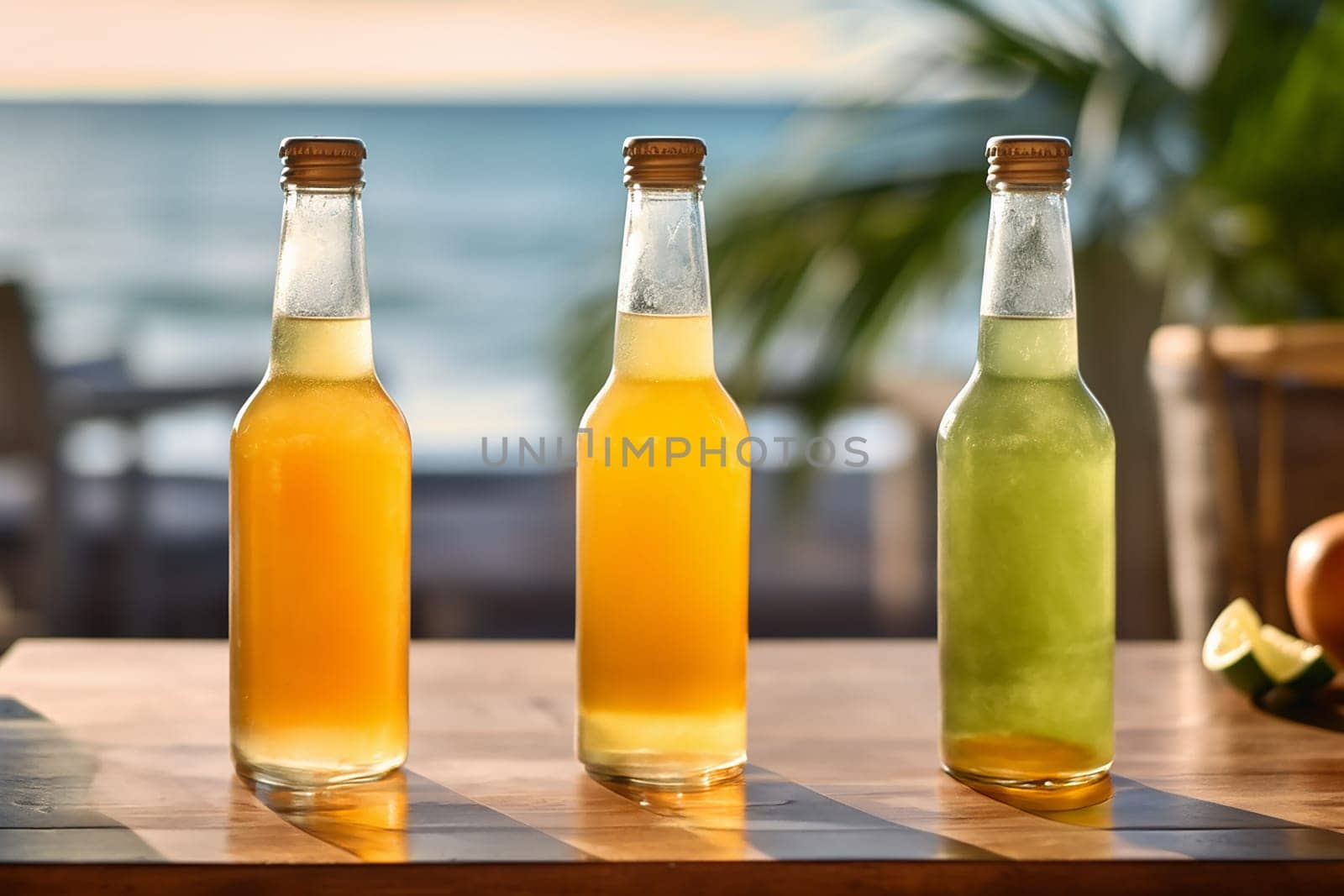 Three bottles of cold beverages on a seaside table.