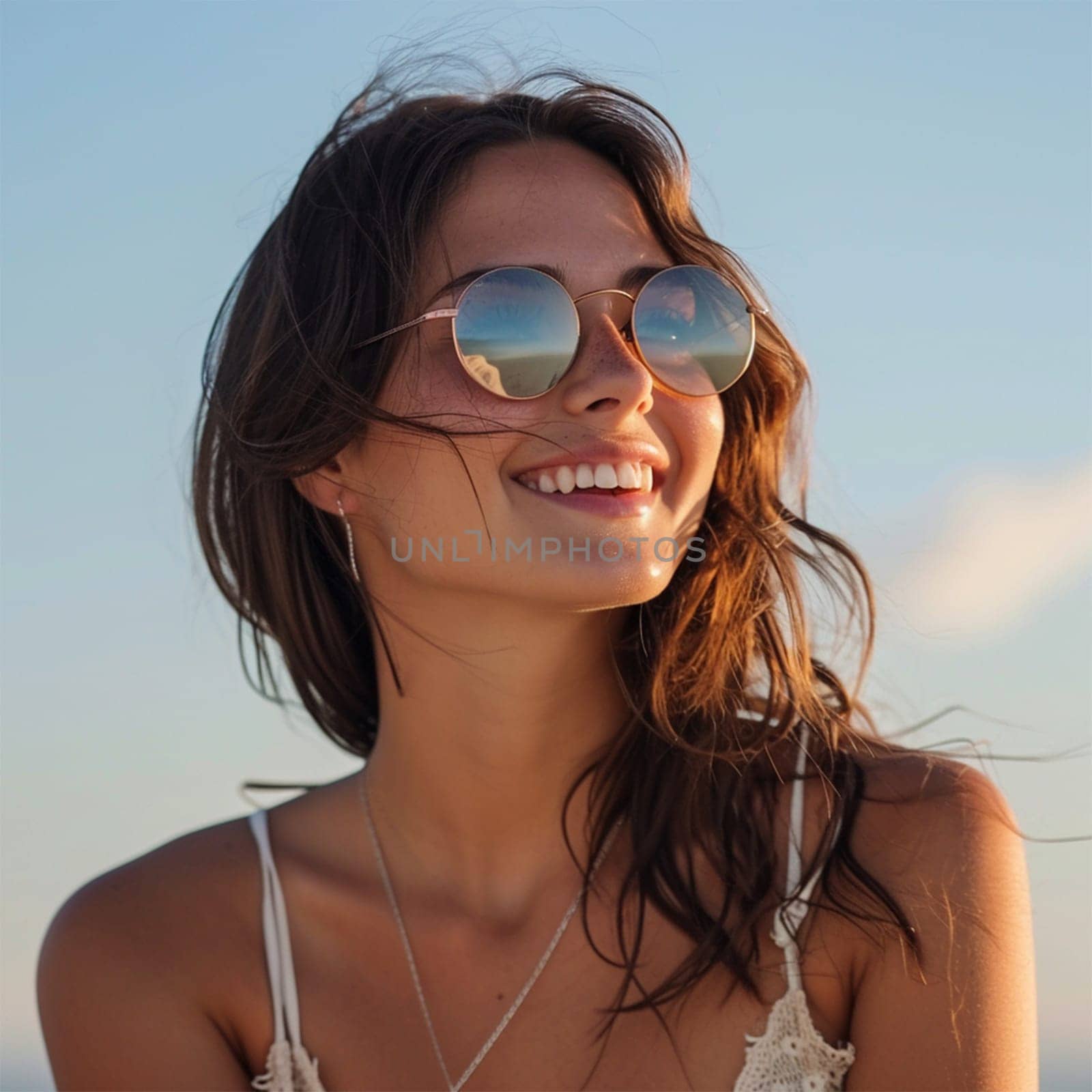 Cheerful woman with reflective sunglasses and wind-swept hair, enjoying the beach.