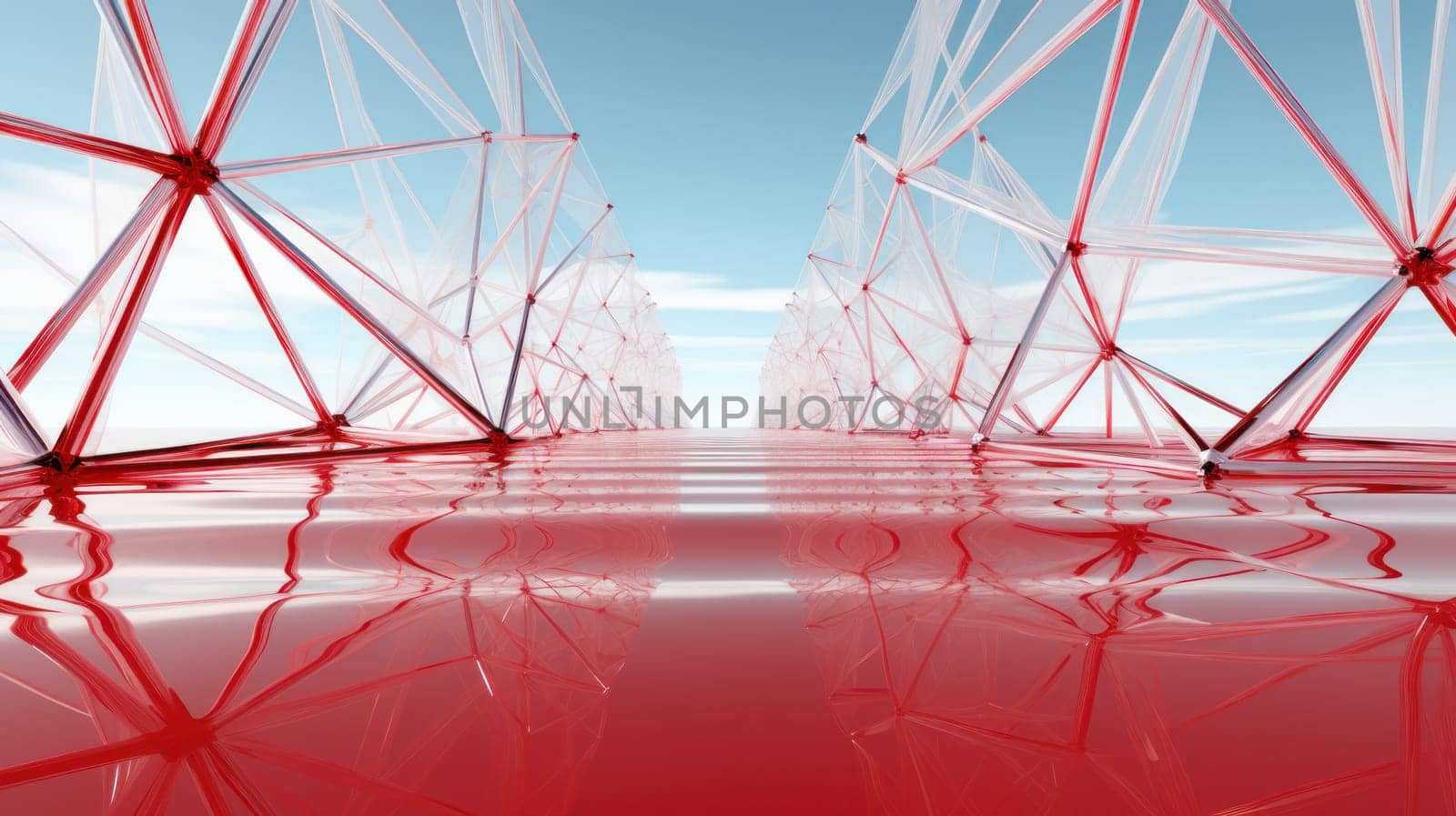Futuristic red framework reflecting on glossy surface.