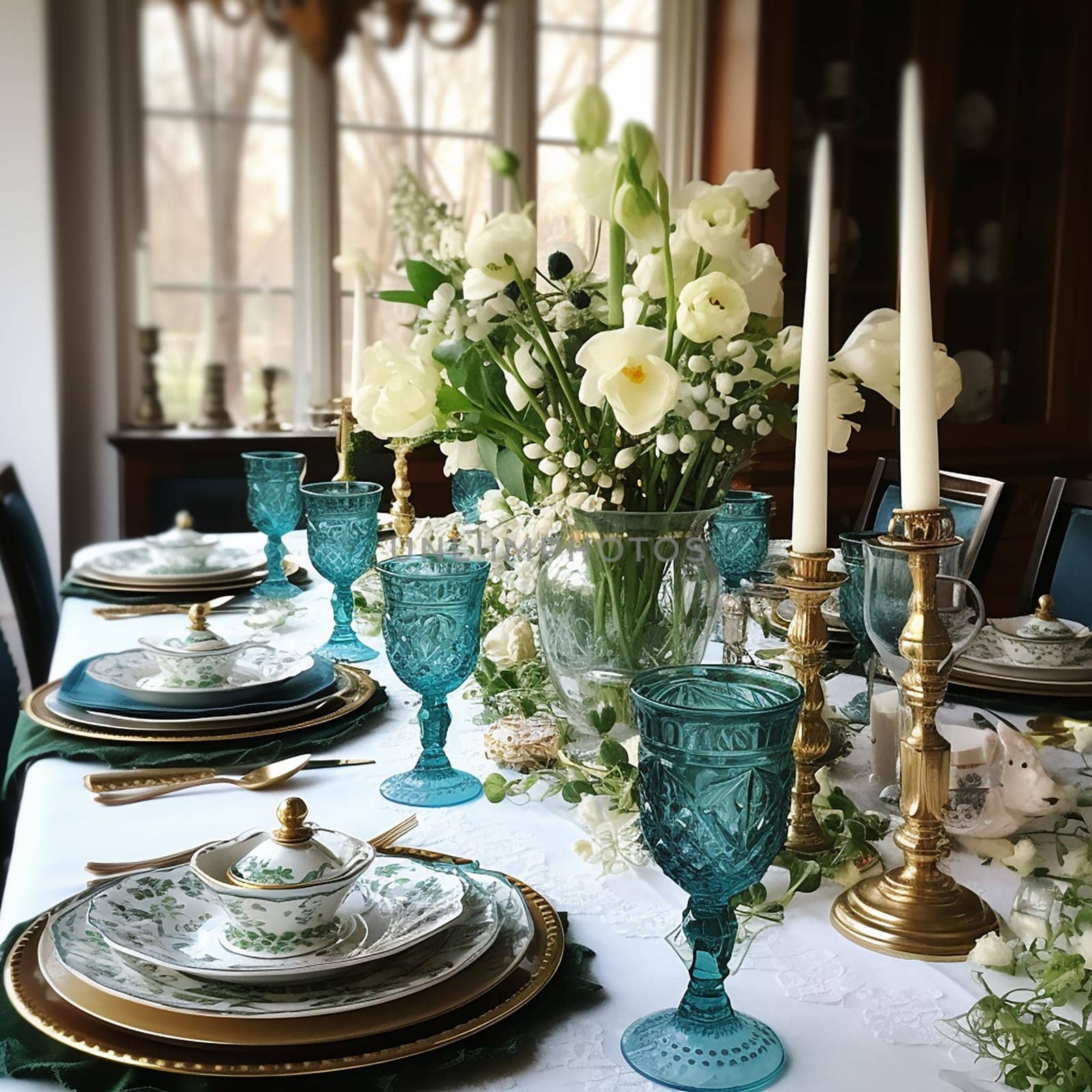 Vintage tableware and floral arrangement in an opulent setting.