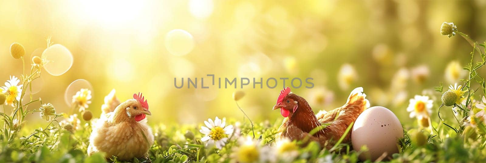 beautiful easter background with chickens and eggs .chickens with eggs on a sun-drenched spring meadow
