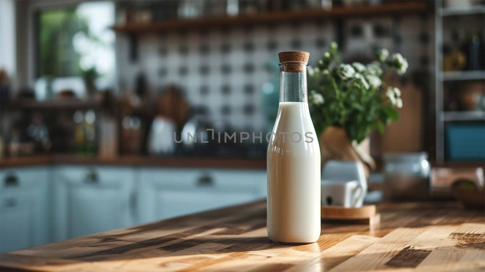 bottle of milk on the table in a bright kitchen, copy space