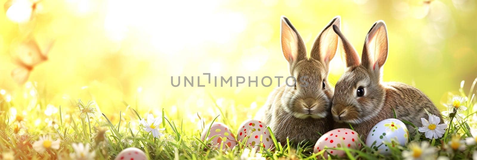 Two rabbits nestled among Easter eggs on sunlit spring grass.