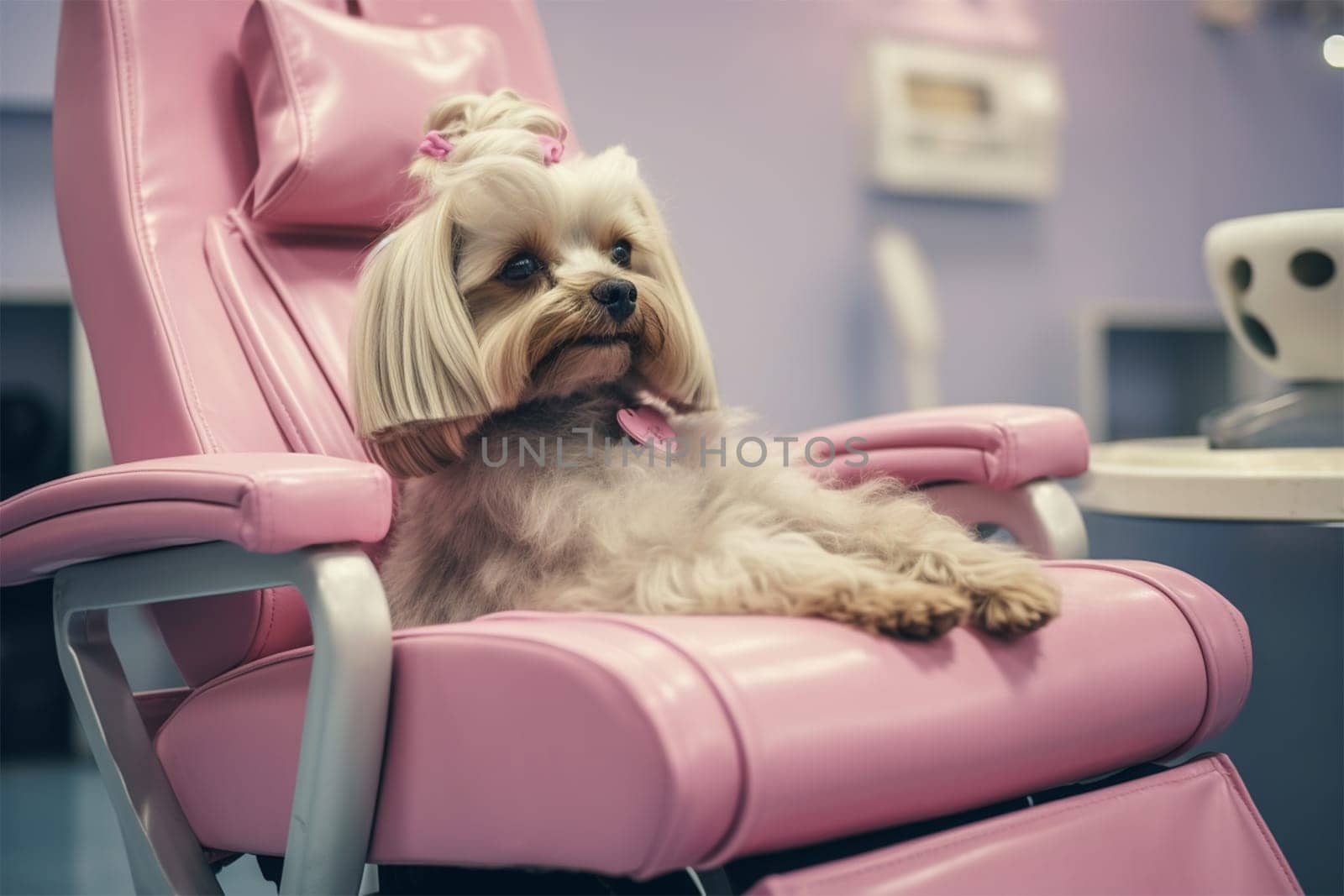Refreshed Pet Spa Day. Adorable dog relaxing on a pink salon chair.