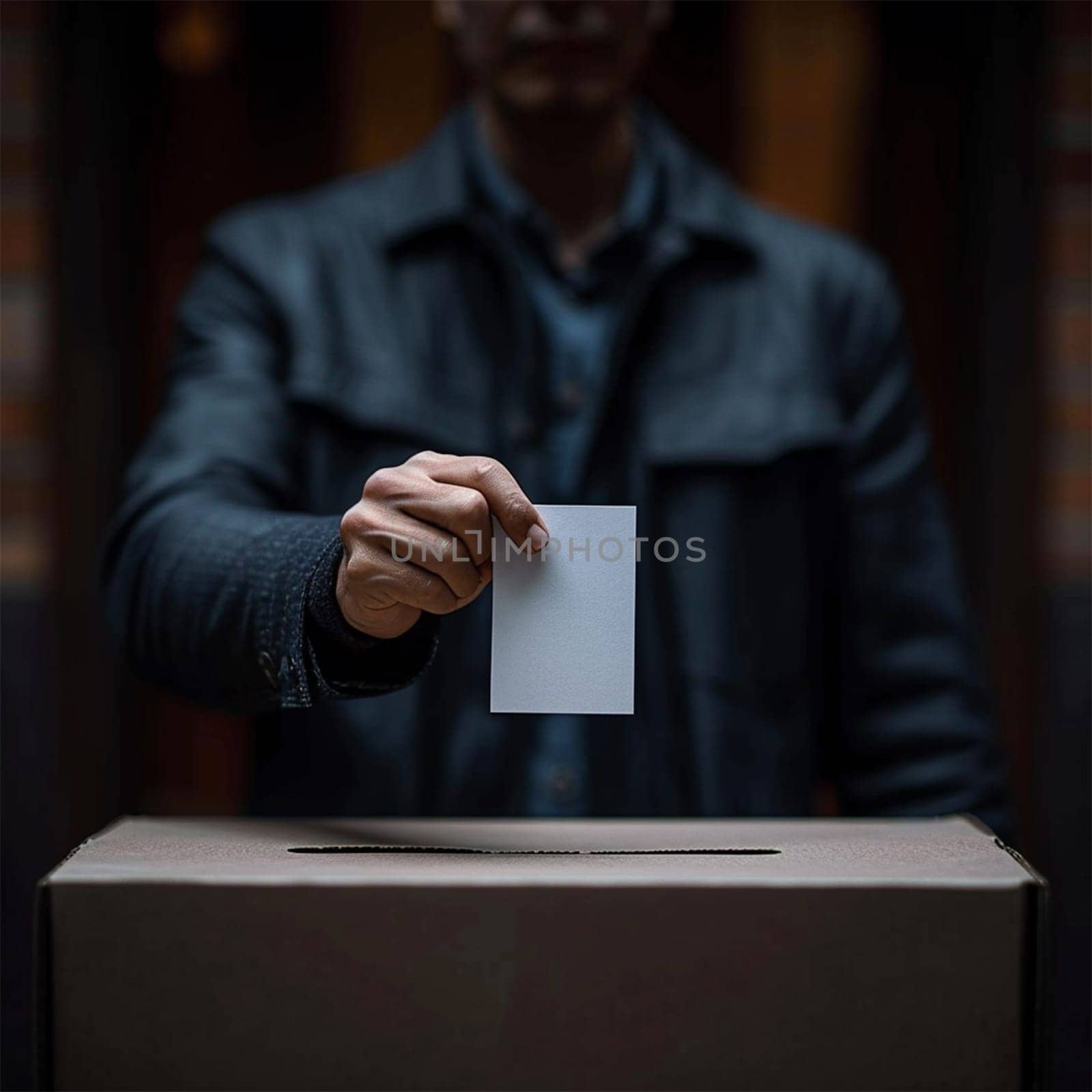 A man placing a voting card into a ballot box, focus on foreground with blurred background.
