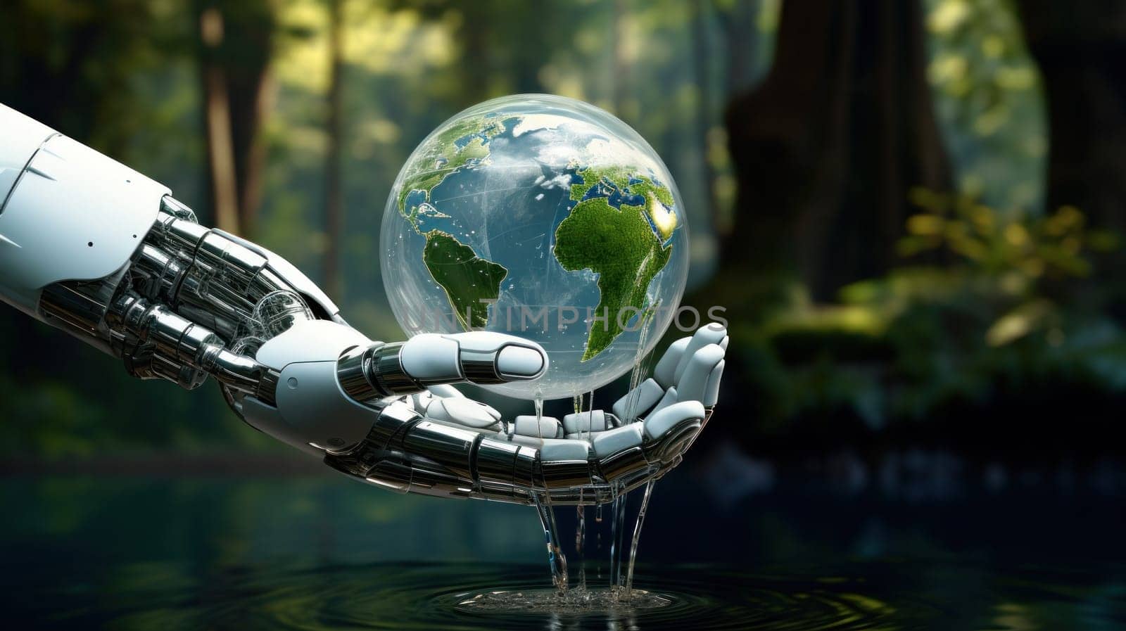 A robot hand gently holding a transparent globe against a forest backdrop. Eco concept, ecology, clean energy and environment.