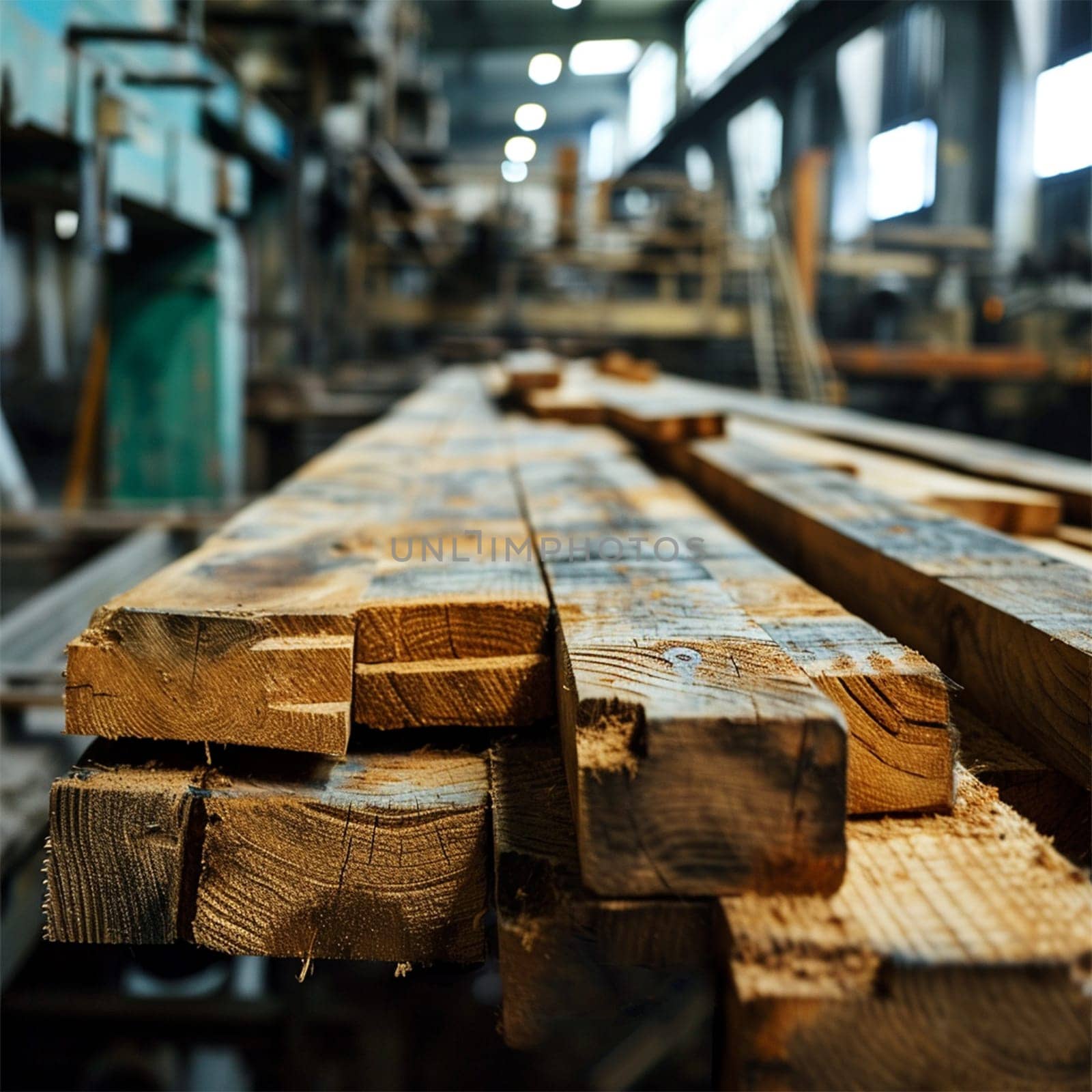 Close-up of processed wooden planks stacked in a carpentry workshop.