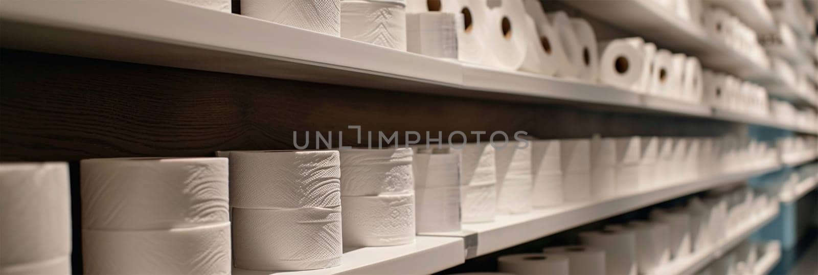 Rows of paper products are lined up on the shelves of a store or hotel.