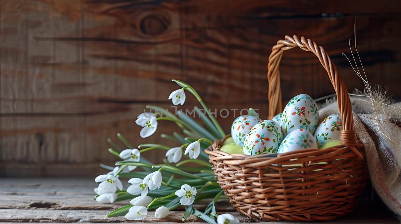 Wicker basket filled with decorated Easter eggs and fresh snowdrop flowers in a rustic wooden setting.