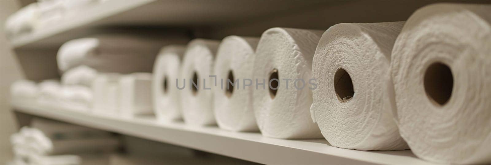 Rows of paper products are lined up on the shelves of a store or hotel.