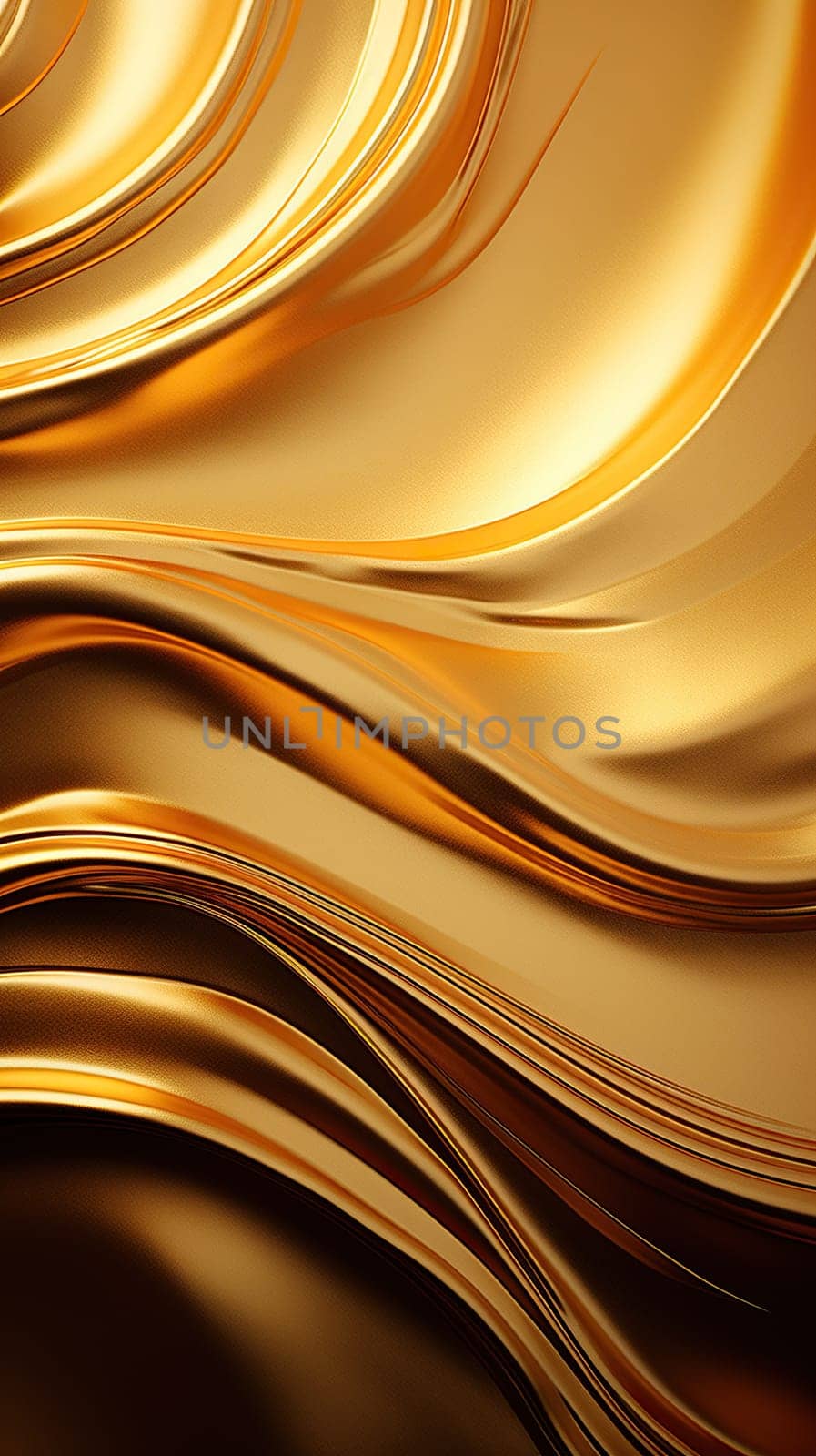 Elegant waves of a golden liquid in motion, resembling smooth satin on a dark background.Abstract Golden Liquid Flow.