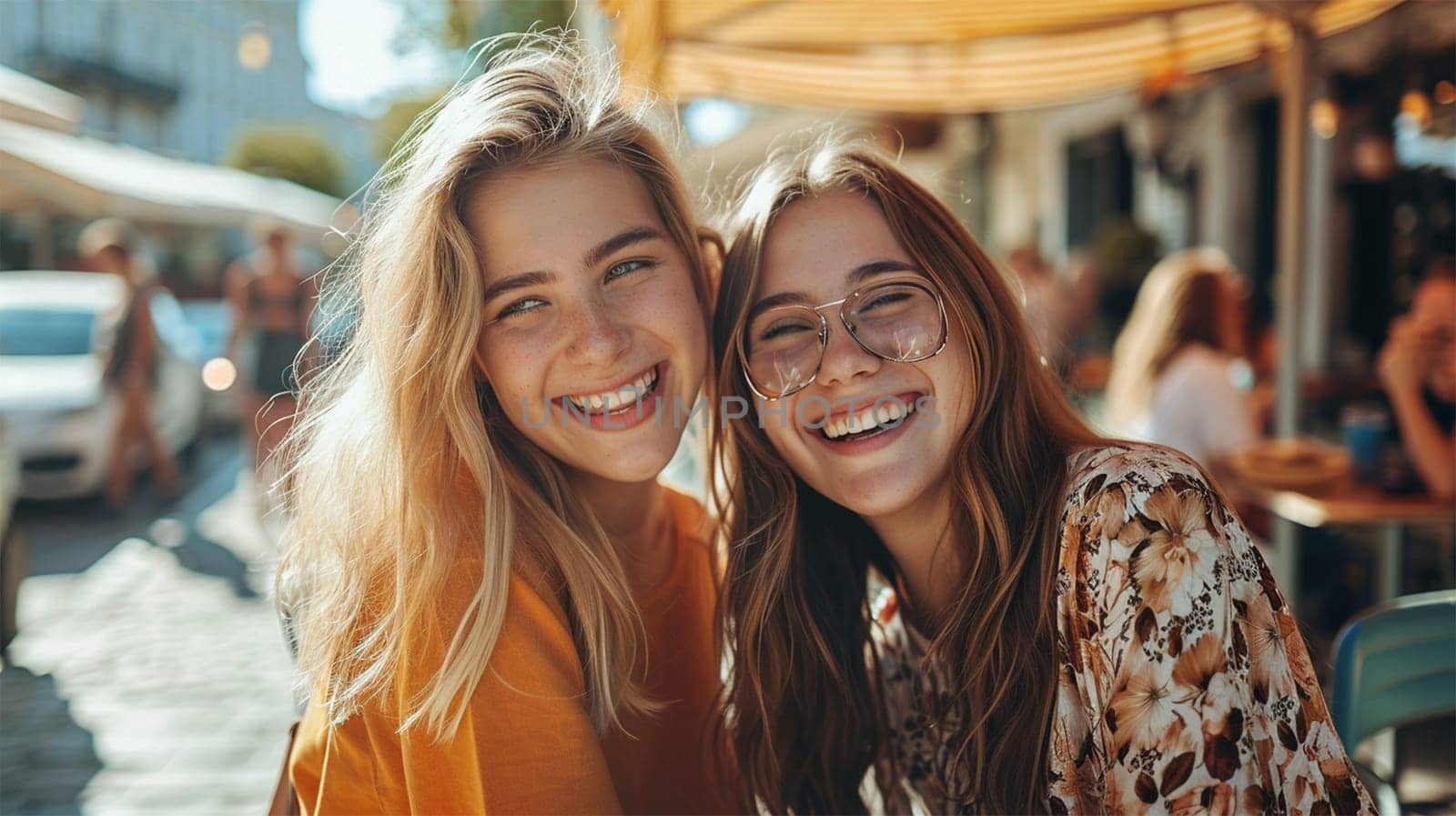 Two young women smiling and enjoying each other's company at a sidewalk cafe.