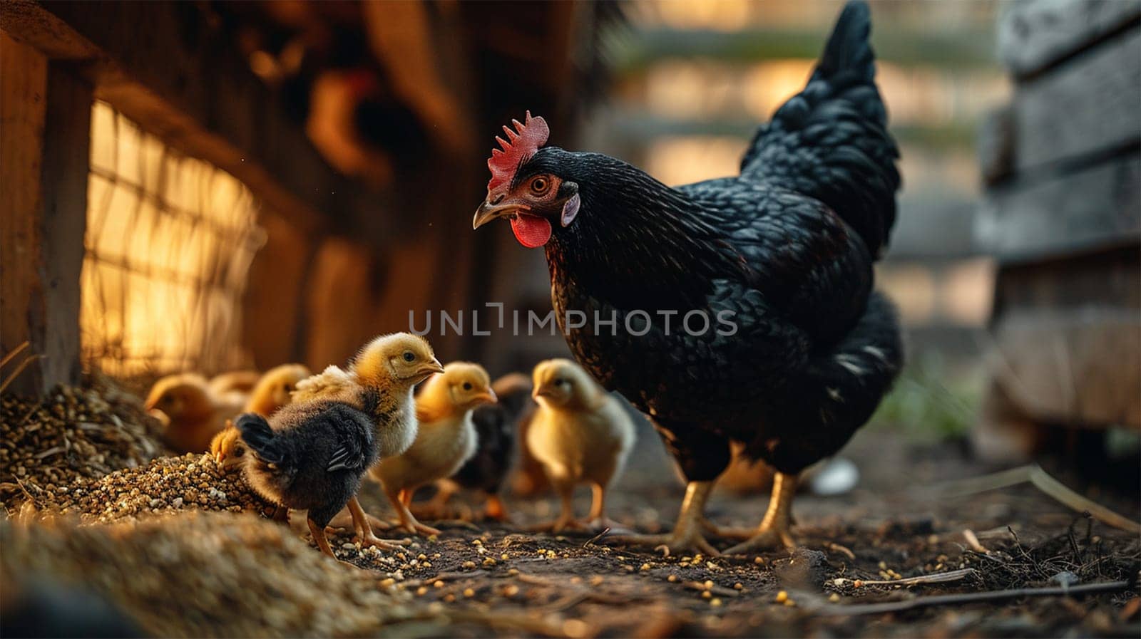 Mother black hen leading her chicks outside the coop at dawn.