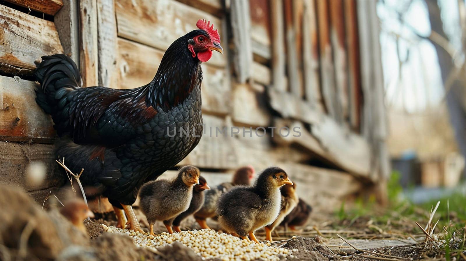 Mother black hen leading her chicks outside the coop at dawn.