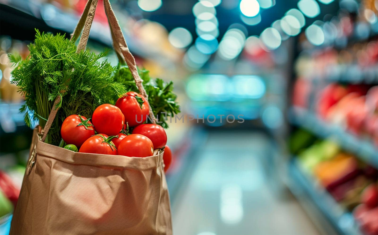 Eco-Friendly Grocery Bag full of fresh vegetables with a blurred supermarket aisle background.