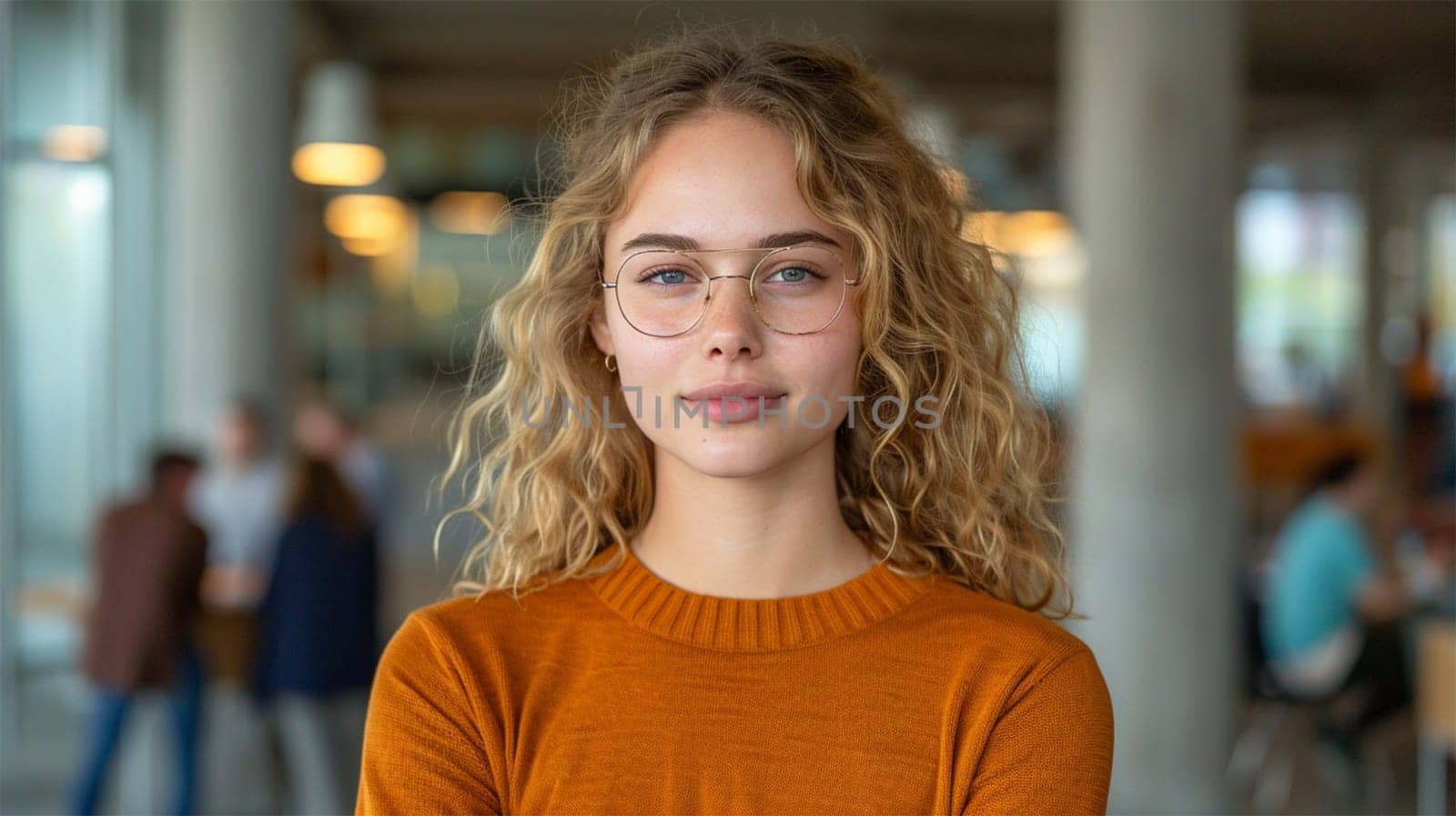 Portrait of a young student with curly hair and glasses. at university