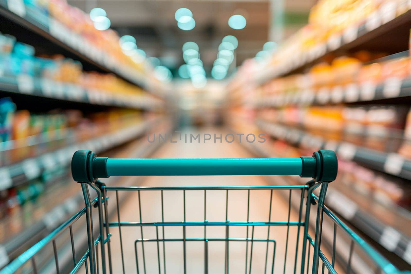 Shopping cart view with blurred grocery store aisle in background.