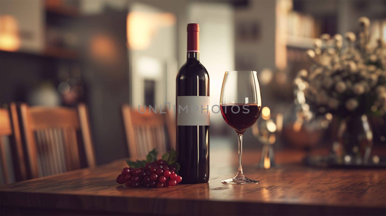 A bottle and glass of red wine with grapes on a table.