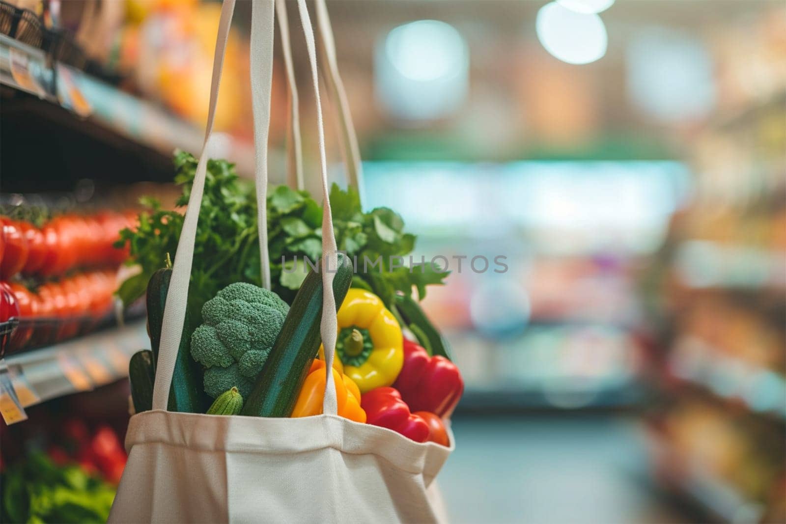 Eco-Friendly Grocery Bag full of fresh vegetables with a blurred supermarket aisle background.