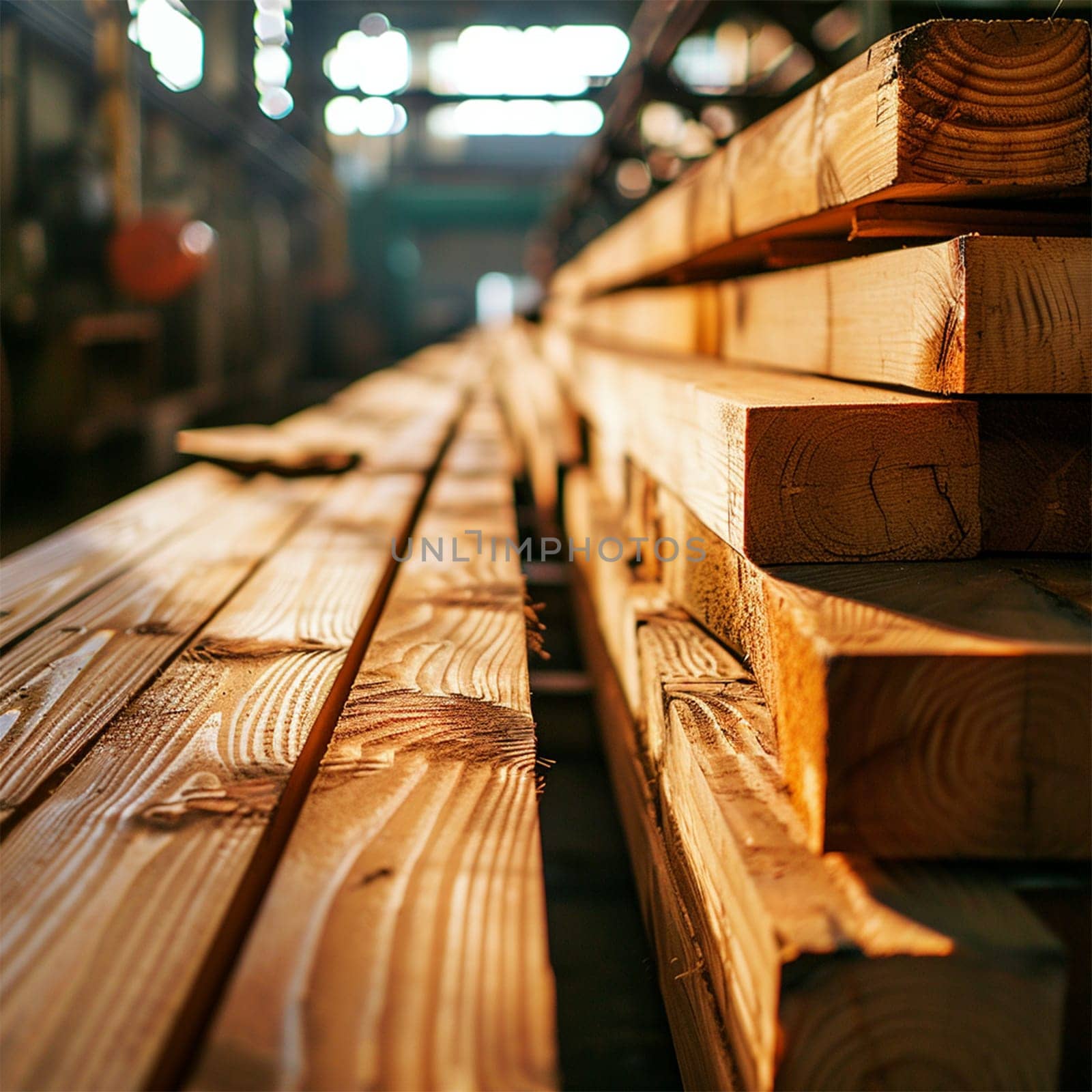 Freshly cut wooden planks stacked in stacks at a woodworking plant.