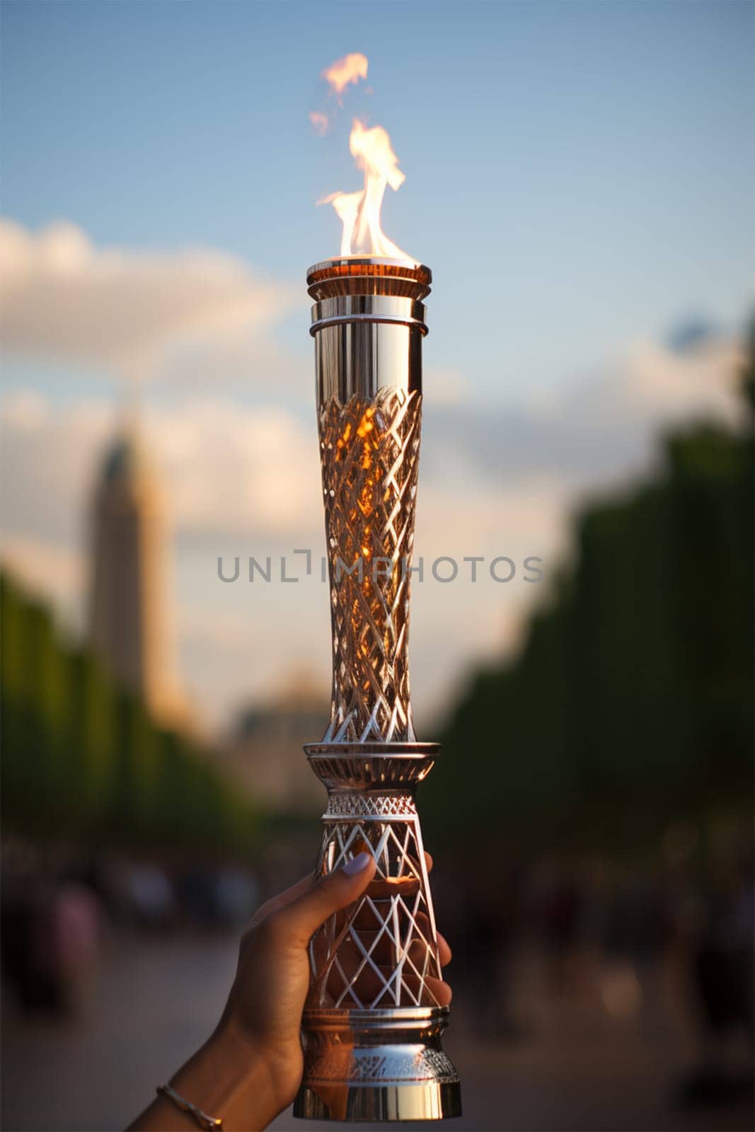 Hand holding a lit torch aloft.