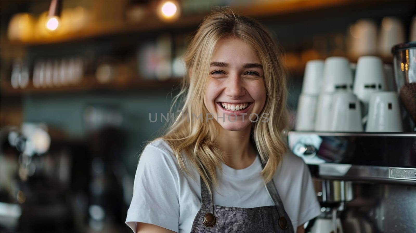young smiling blonde barista .Smiling young woman with apron in a cafe.