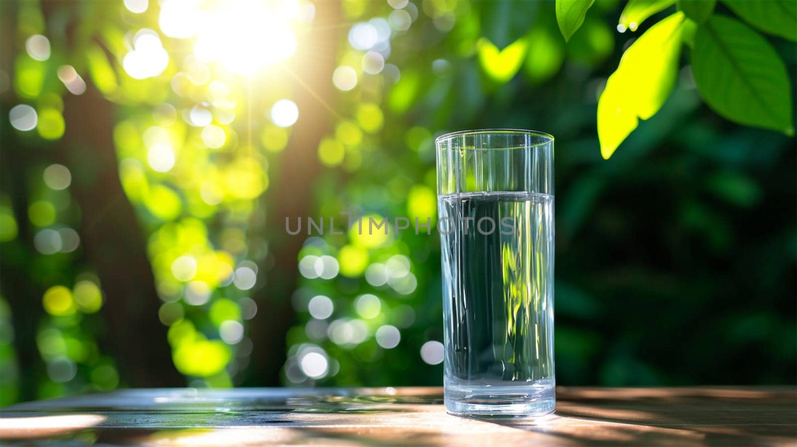 A tall glass of clear water set on an outdoor wooden table.concept of drought and lack of clean drinking water