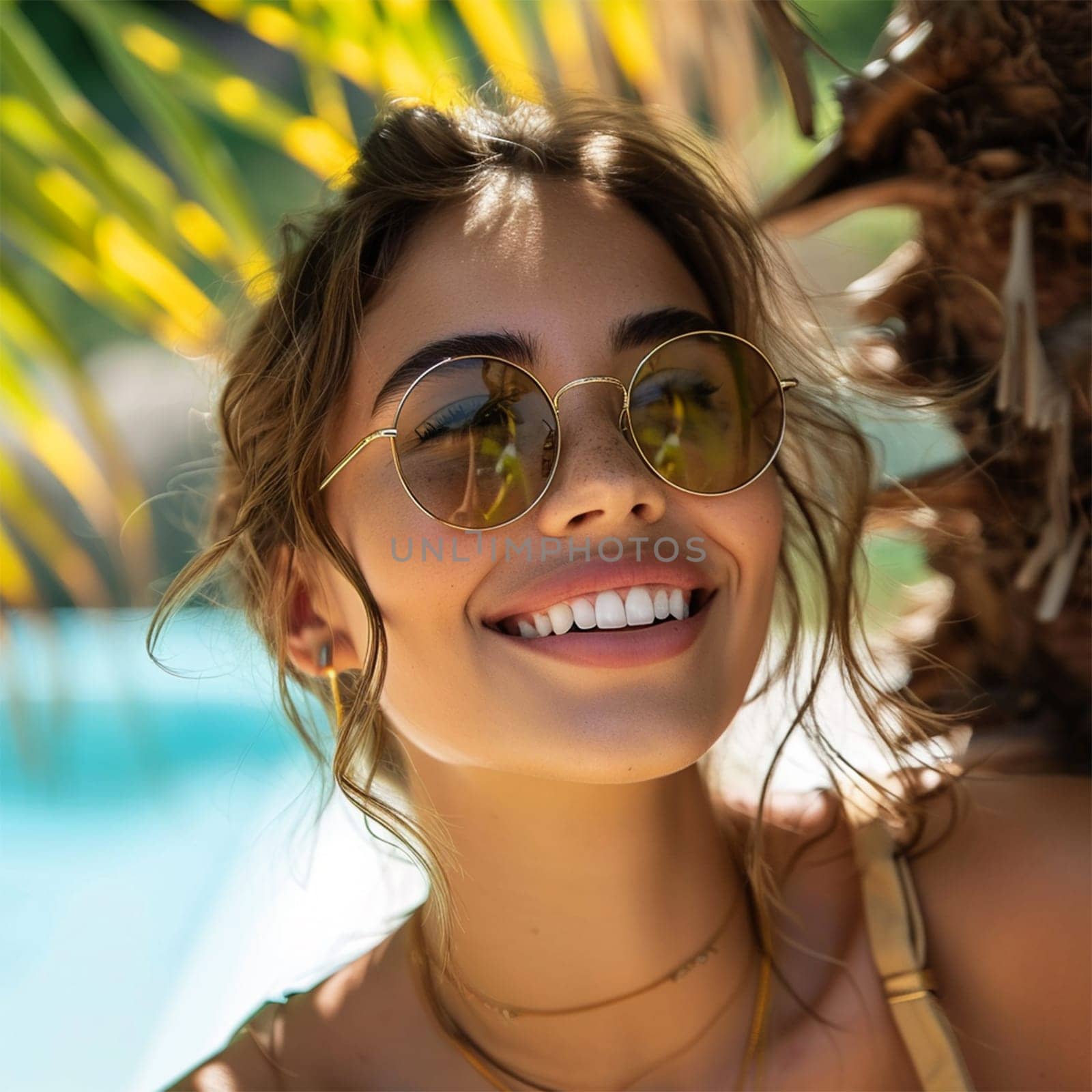 Smiling young woman in sunglasses enjoying tropical sunshine.