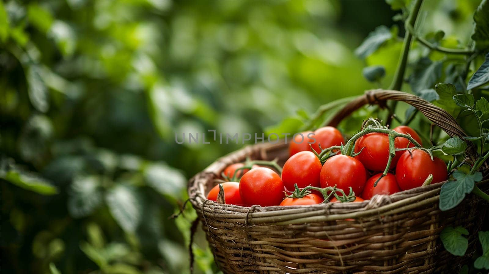 full of red tomato in large green garden , tree plant ,healthy food