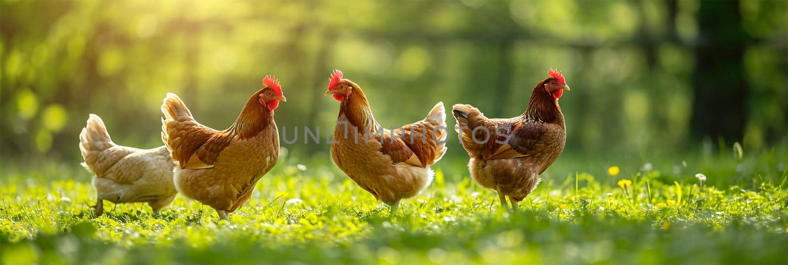 A Hens wandering in a lush green field bathed in warm sunlight.