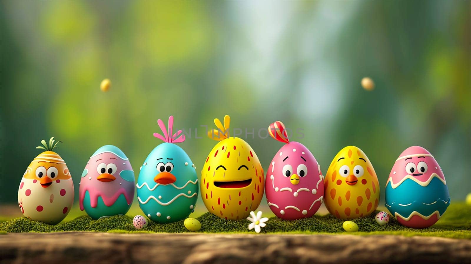 Colorful Easter eggs with cartoon faces on a nature backdrop.