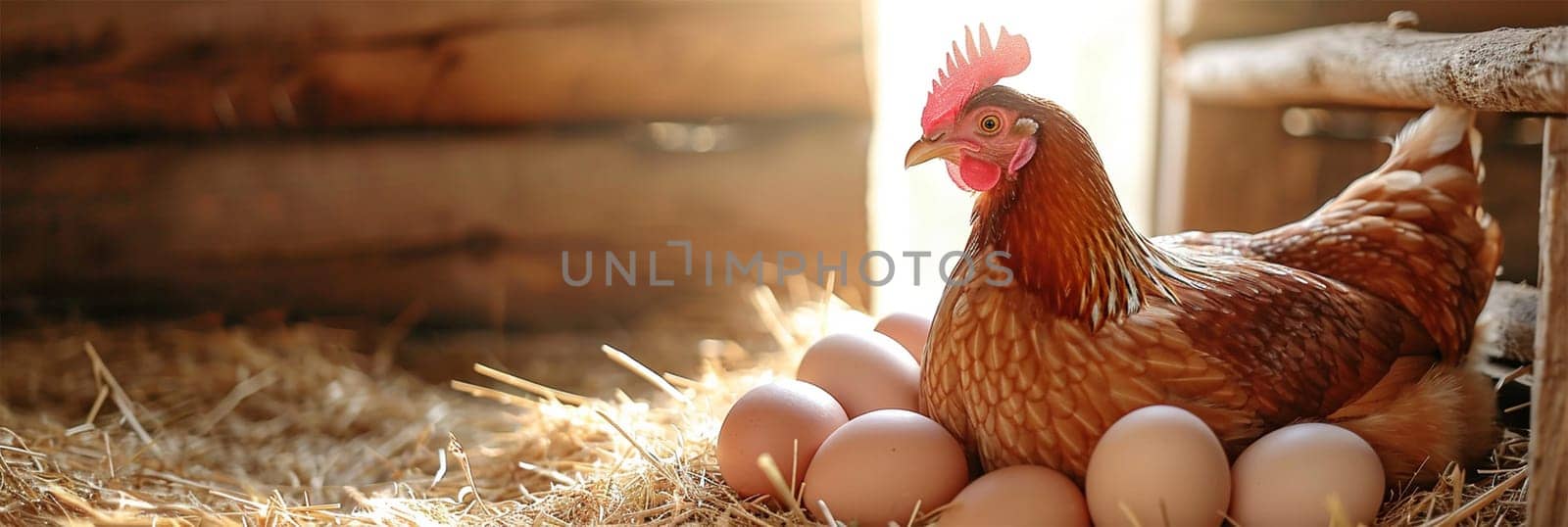 A hen sits over her eggs in a barn filled with straw at dawn.