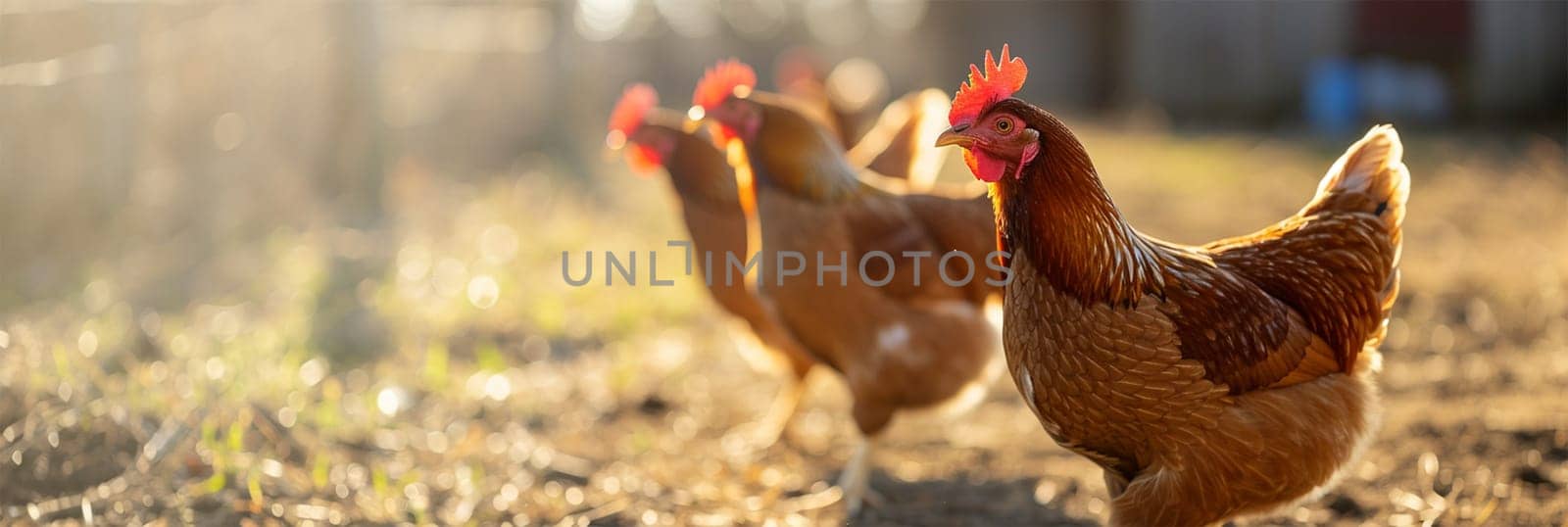chickens walk under the sun on the farm in warm sunlight.