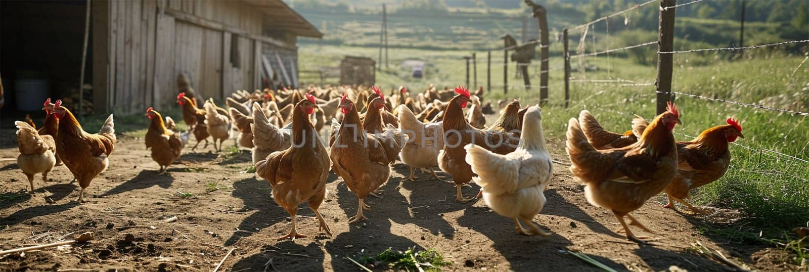 A group of Hens wandering in a lush green field bathed in warm sunlight.