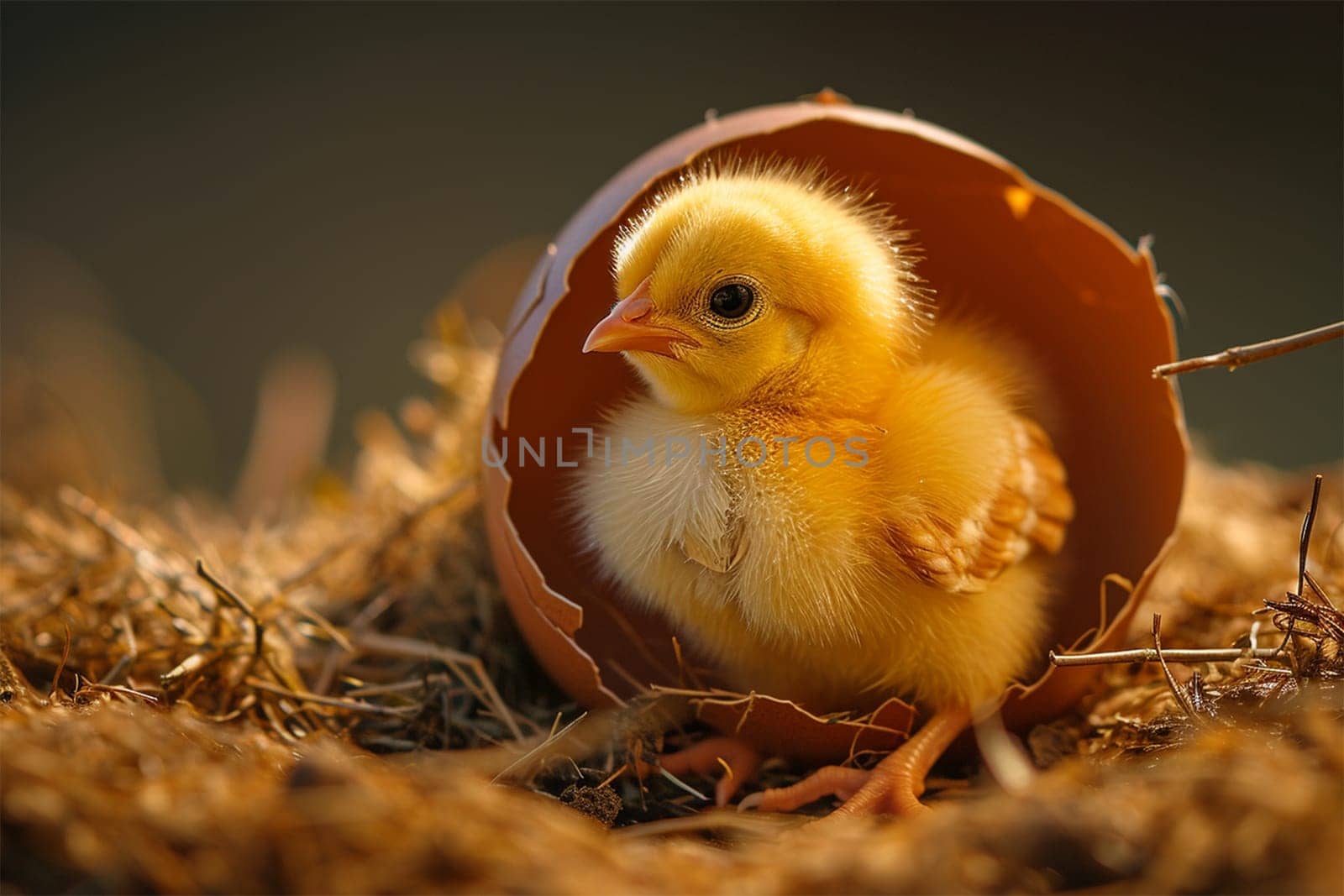 A tiny yellow chick nestled within a broken eggshell.