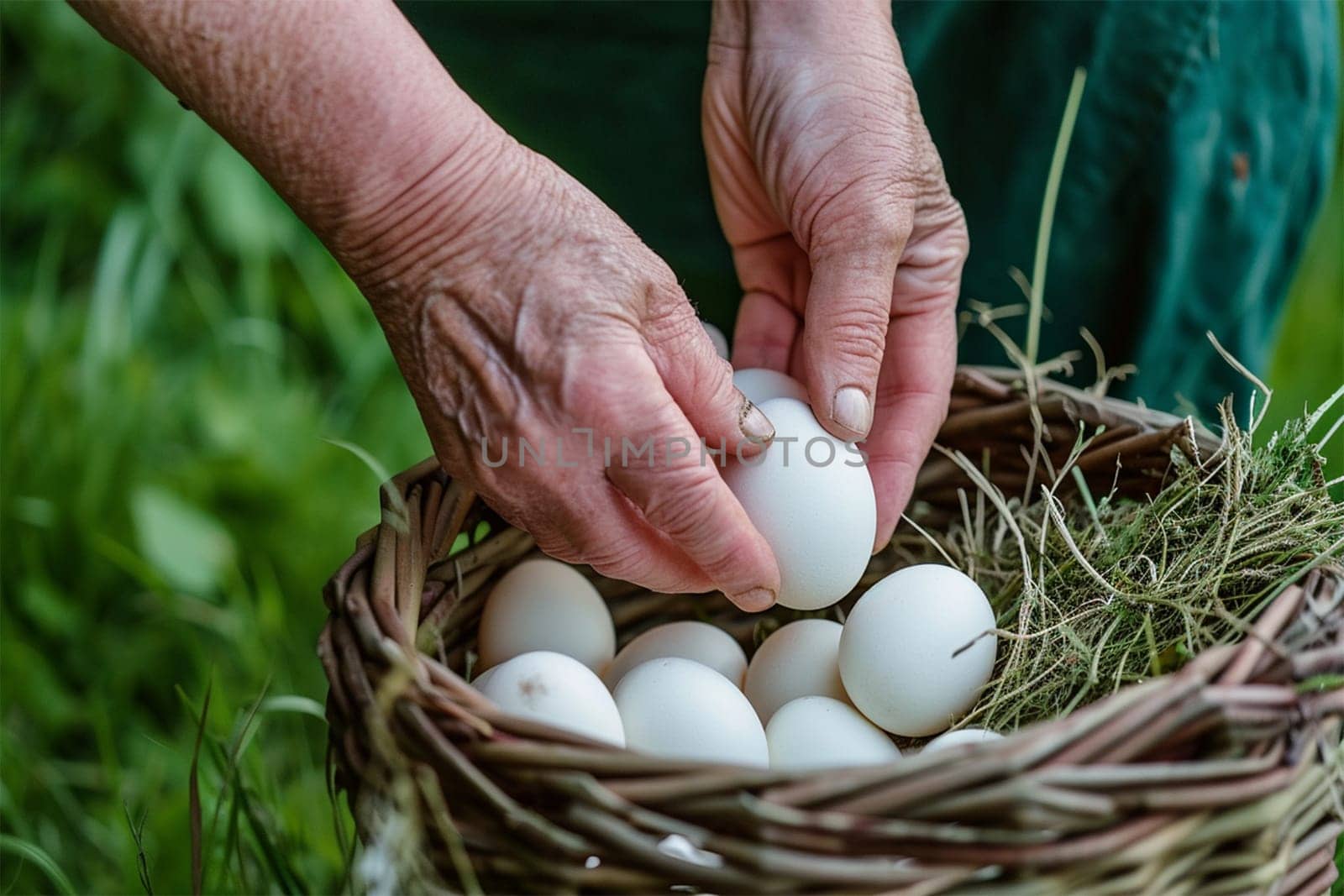 The hands of an elderly farmer fold white eggs into a basket full of organic eggs.