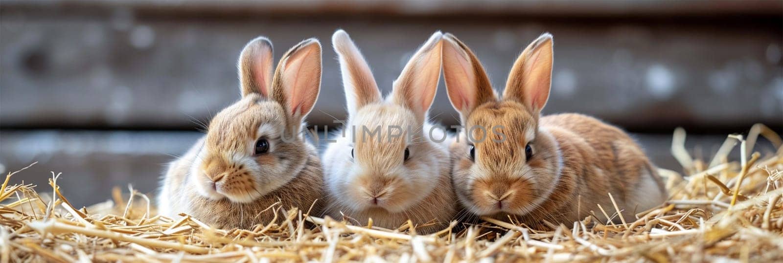 Cute little rabbits are sitting on the straw at the farm relaxing
