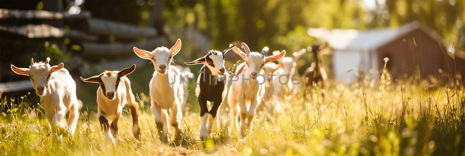 A herd of goats on a pasture bathed in golden sunshine.