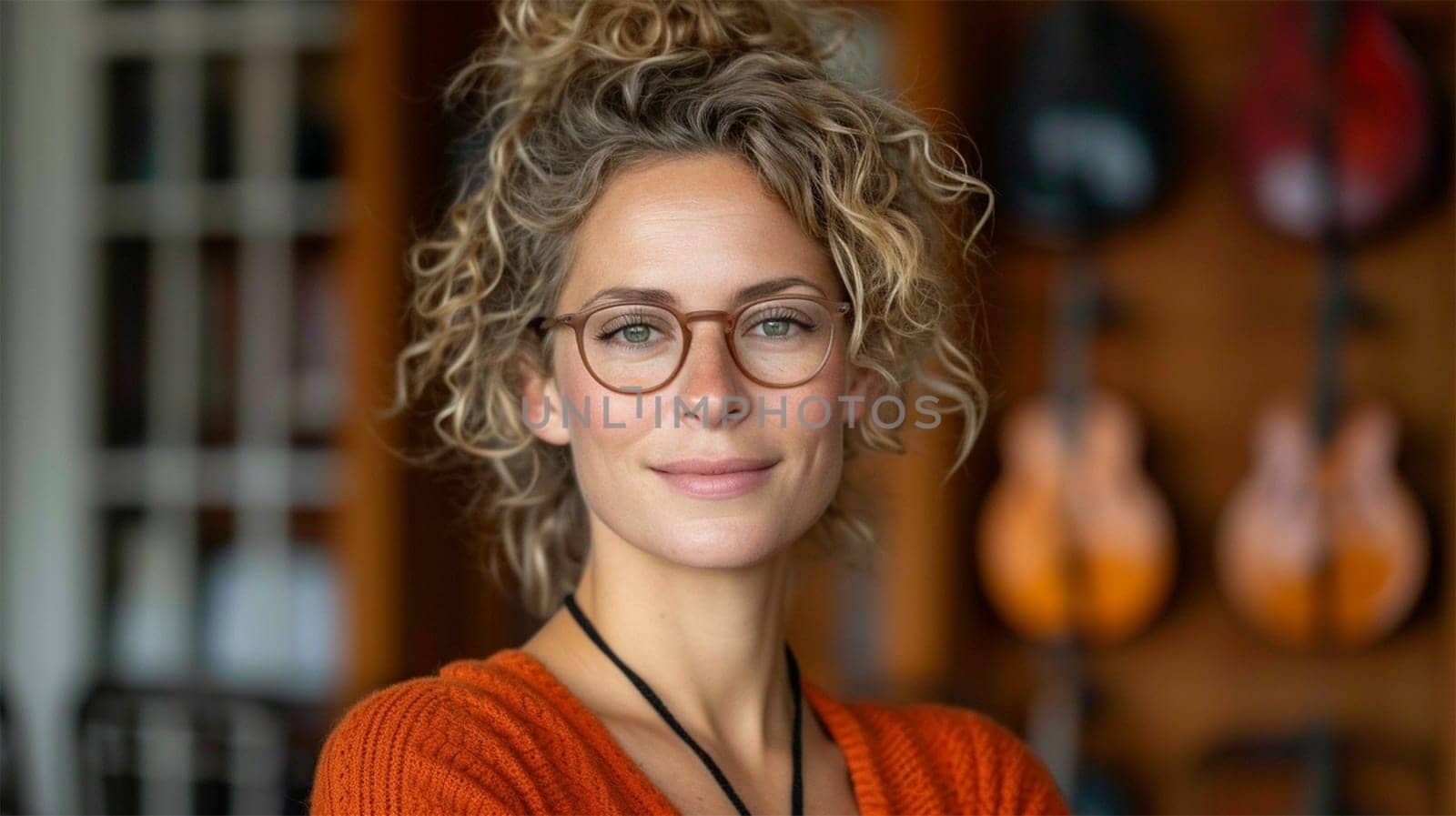 Smiling woman with curly hair and glasses in a music store.