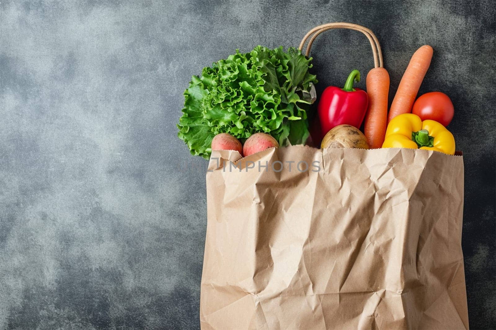 Eco-friendly shopping bag with assorted fresh vegetables on a gray background.