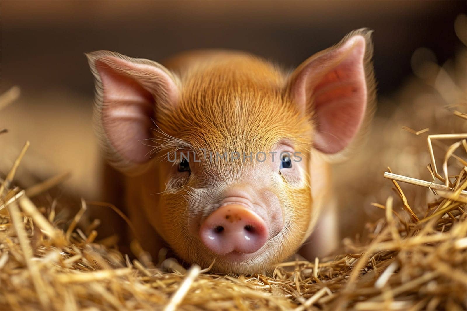 Adorable piglet with large ears lying comfortably in barn straw.